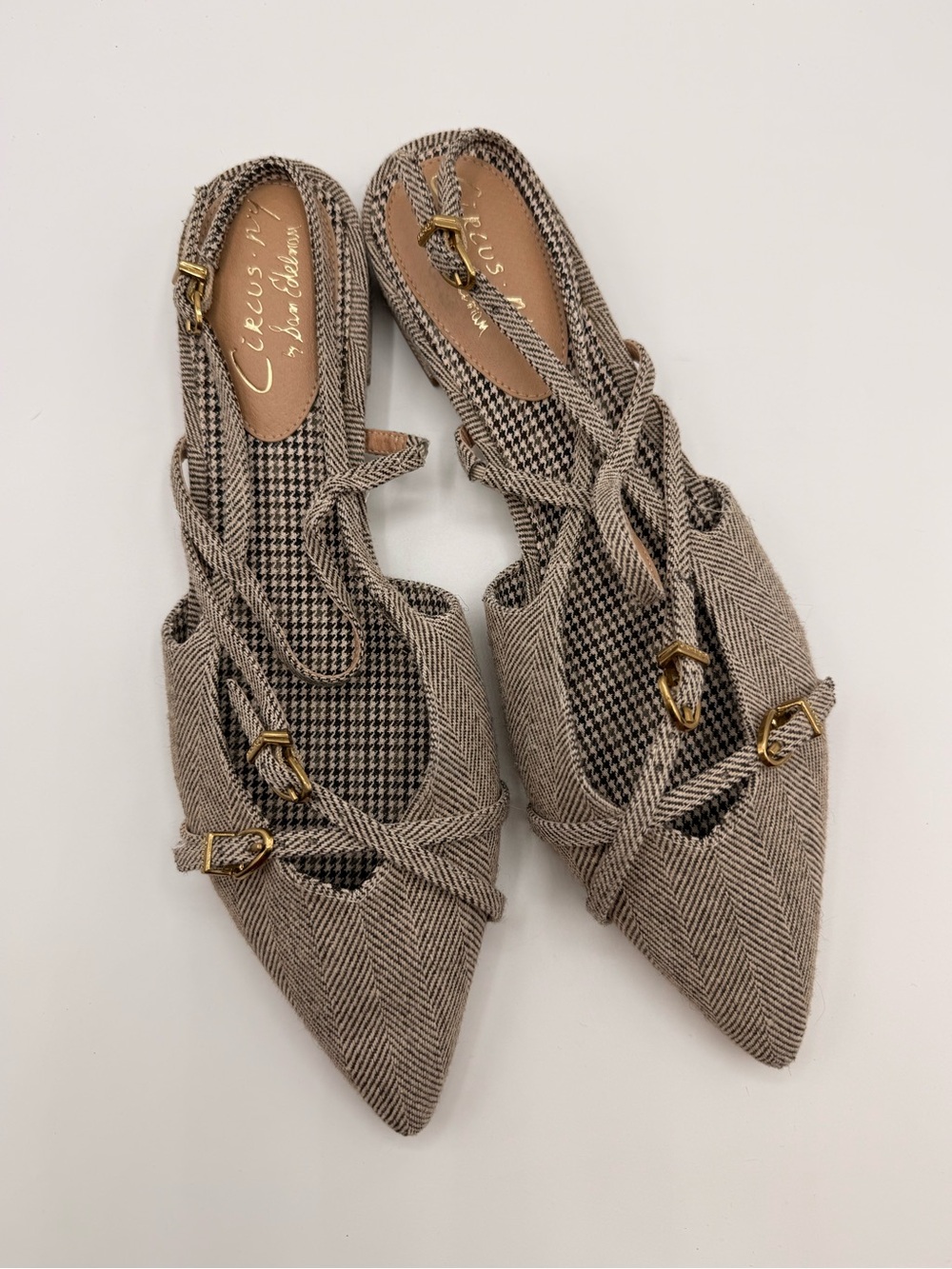 Circus by Sam Edelman Taupe Herringbone & Houndstooth Pointed Slingback Flats
